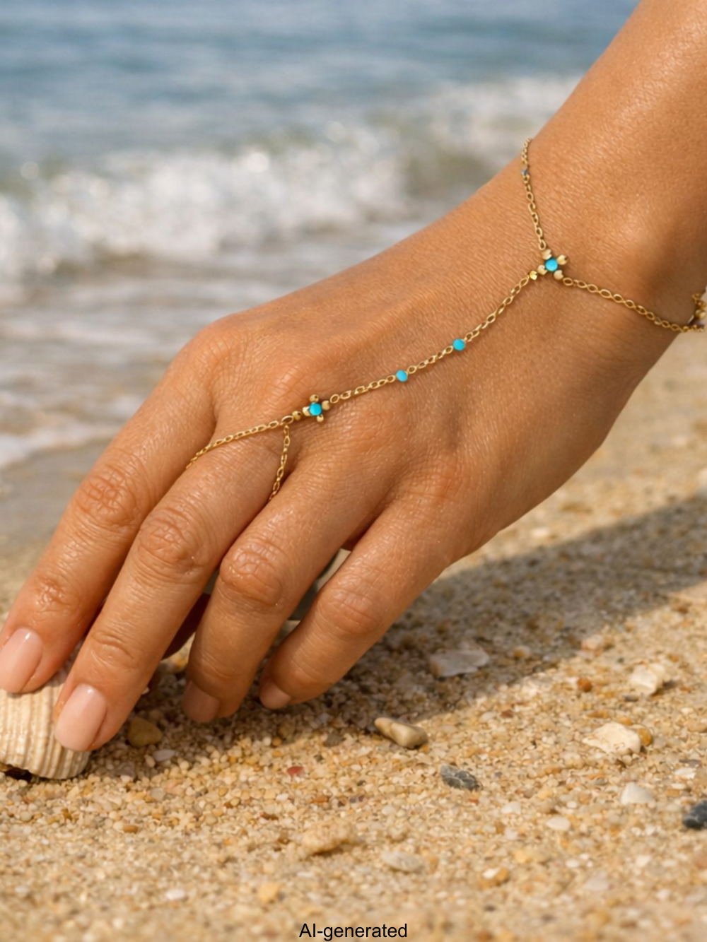 AI generated Fingerarmband aus Edelstahl vergoldet mit kleinen, blauen Steinchen und zwei Kreuz Elementen, getragen an der Hand am Strand